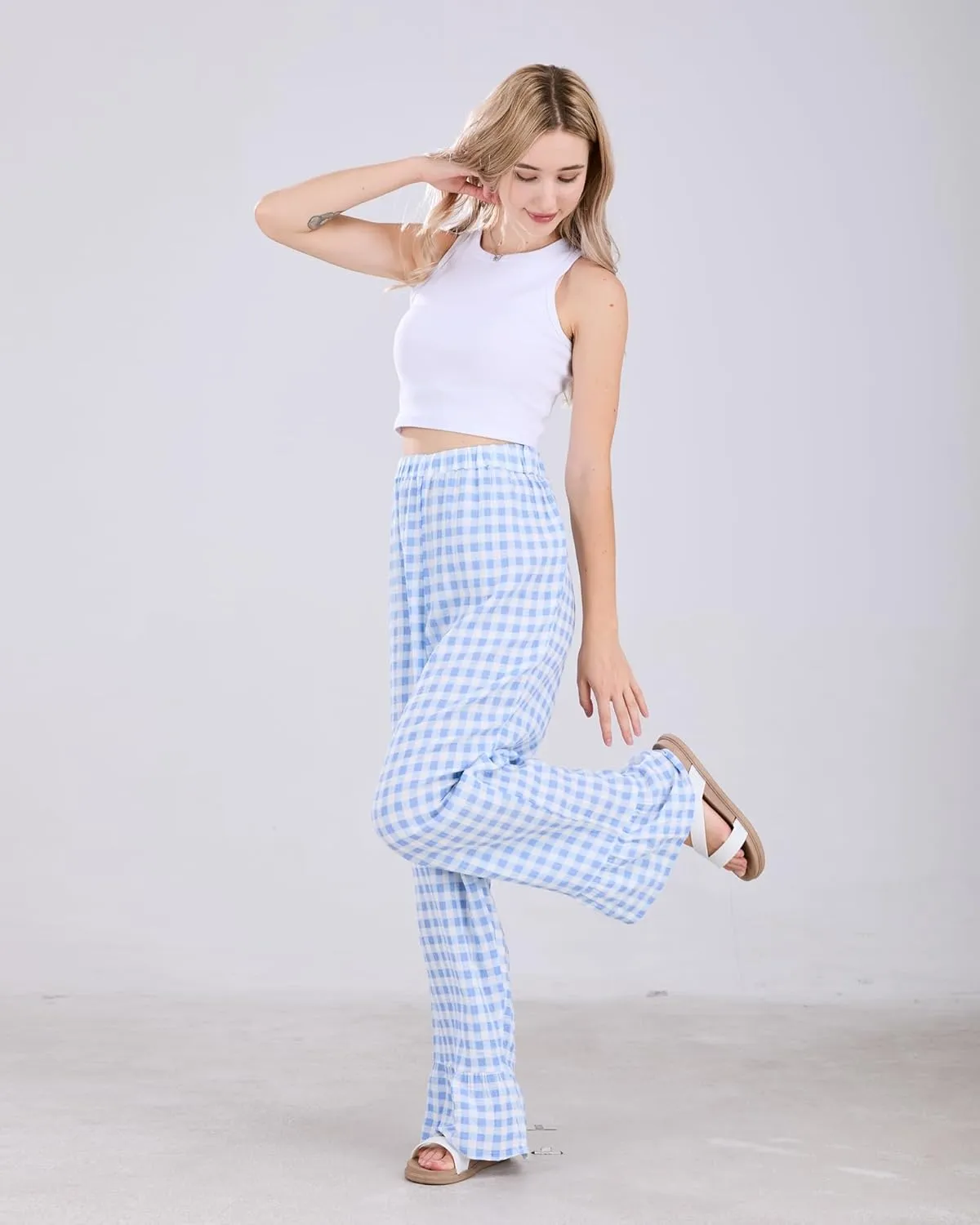 Womens Gingham Pants Wide Leg Lounge Pants Y2k Plaid Print Ruffle Hem Loose Trouser