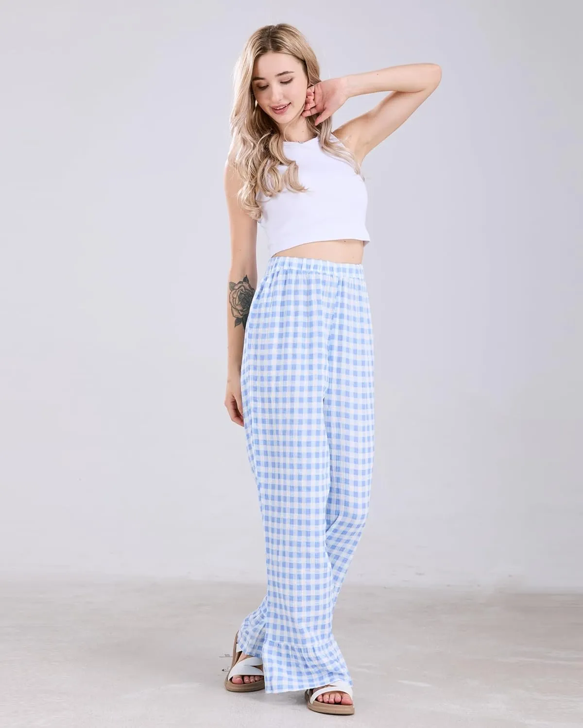 Womens Gingham Pants Wide Leg Lounge Pants Y2k Plaid Print Ruffle Hem Loose Trouser