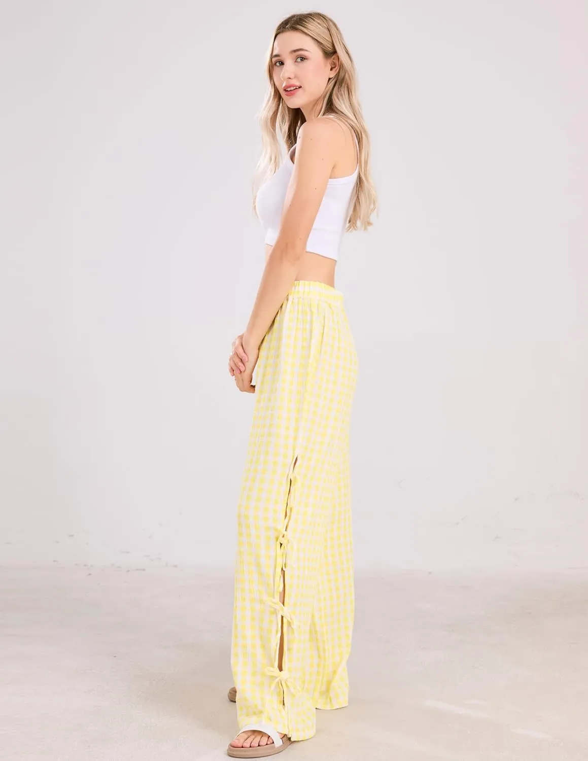 Womens Gingham Striped Wide Leg Pants Y2k Lounge Pants Lace Up Loose Trousers