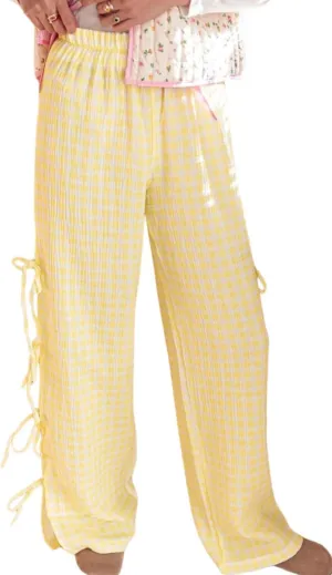Womens Gingham Striped Wide Leg Pants Y2k Lounge Pants Lace Up Loose Trousers