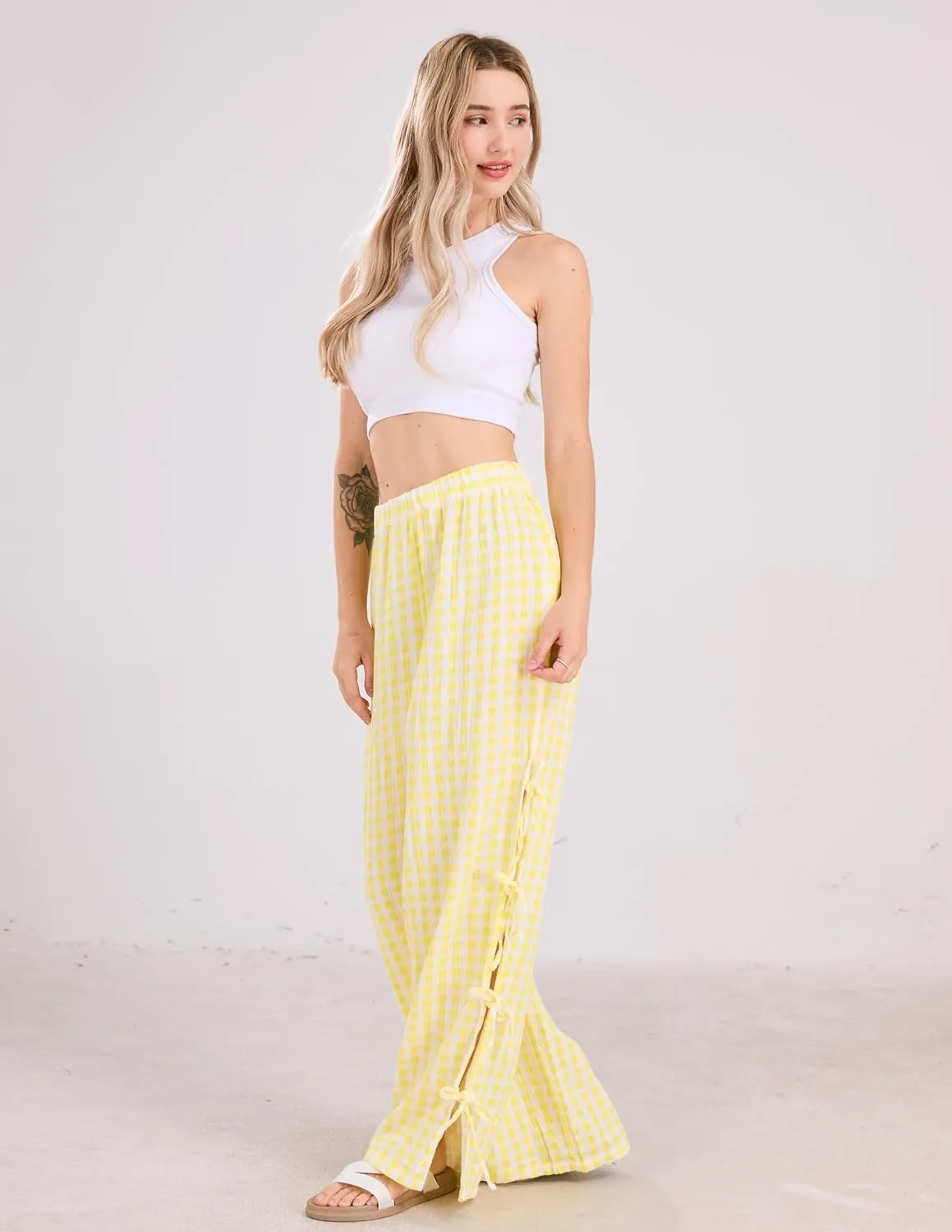 Womens Gingham Striped Wide Leg Pants Y2k Lounge Pants Lace Up Loose Trousers