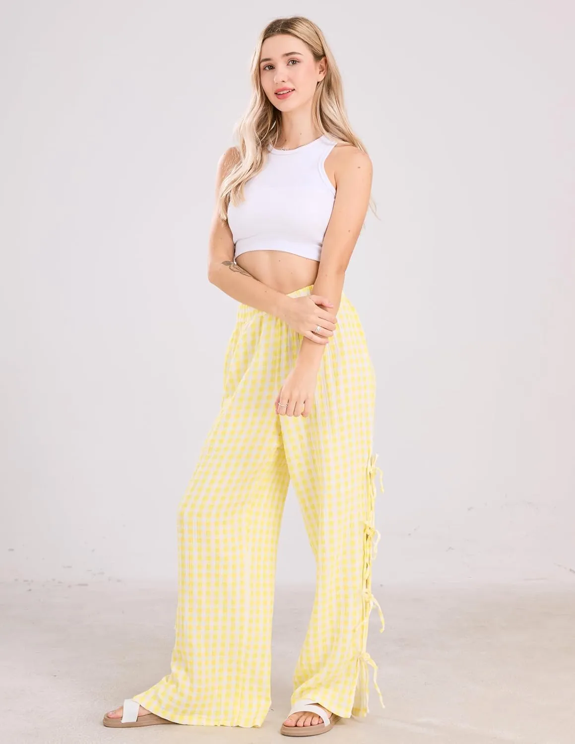 Womens Gingham Striped Wide Leg Pants Y2k Lounge Pants Lace Up Loose Trousers