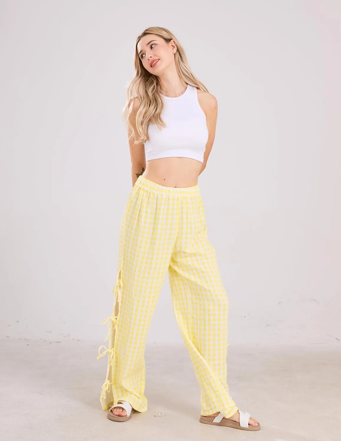 Womens Gingham Striped Wide Leg Pants Y2k Lounge Pants Lace Up Loose Trousers