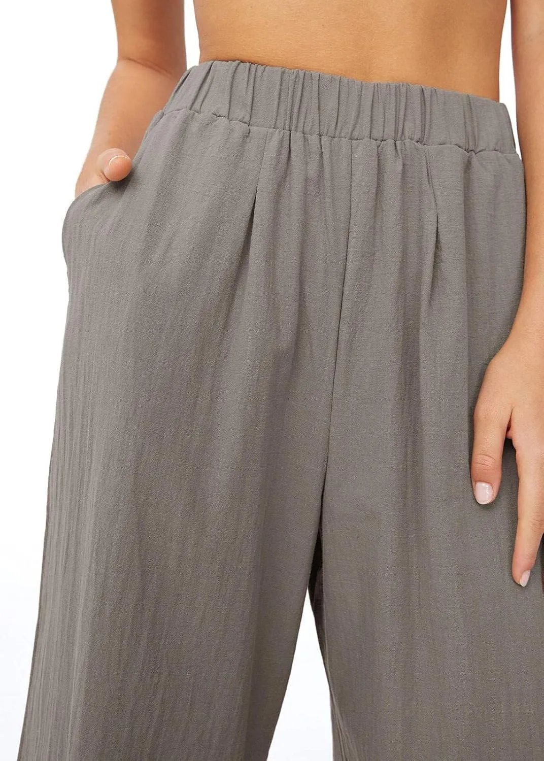 Women's High Waist Casual Wide-Leg Linen Trousers Vacation Palazzo Beach Pant Summer Business Pants with Pockets