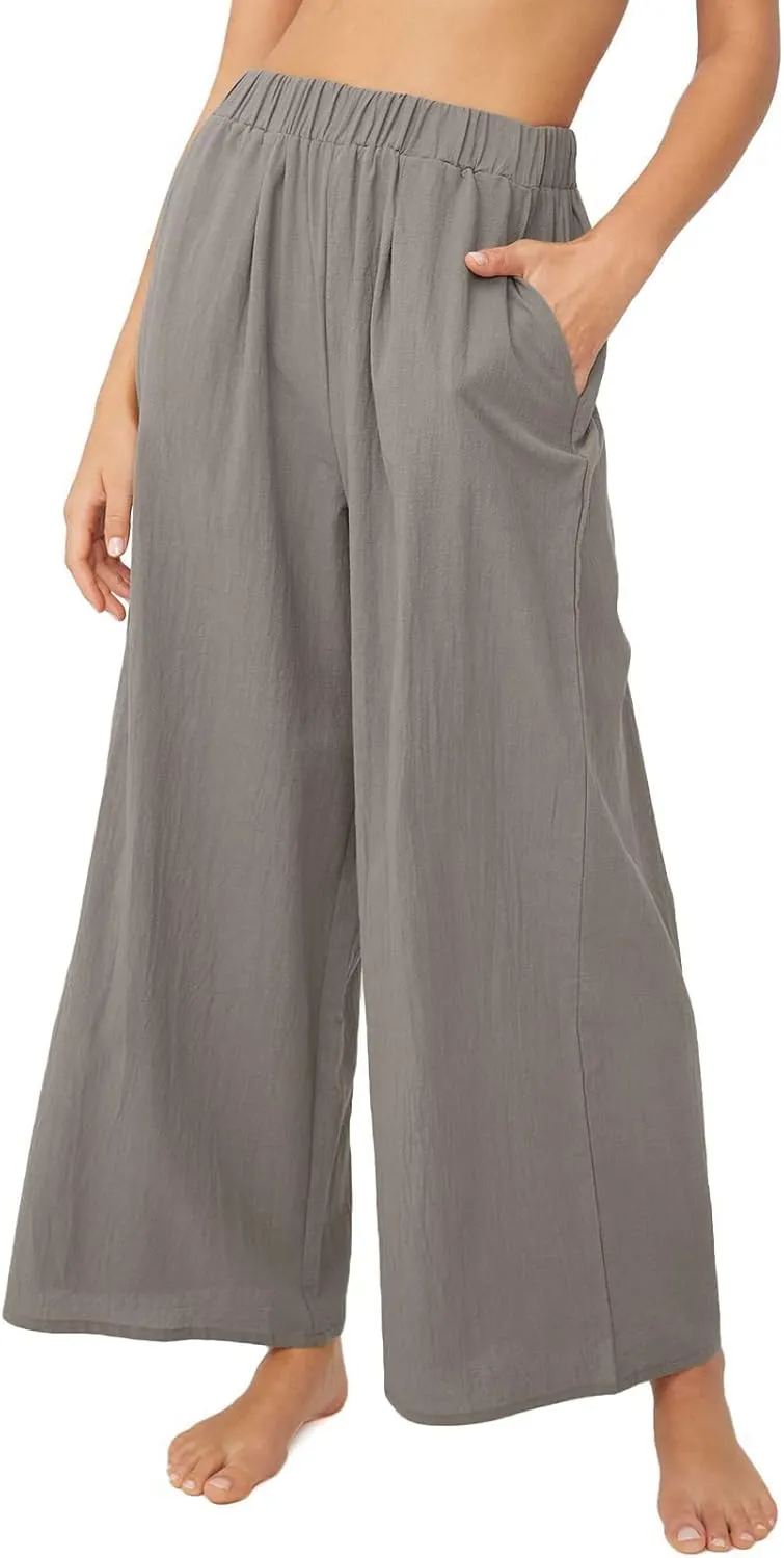 Women's High Waist Casual Wide-Leg Linen Trousers Vacation Palazzo Beach Pant Summer Business Pants with Pockets
