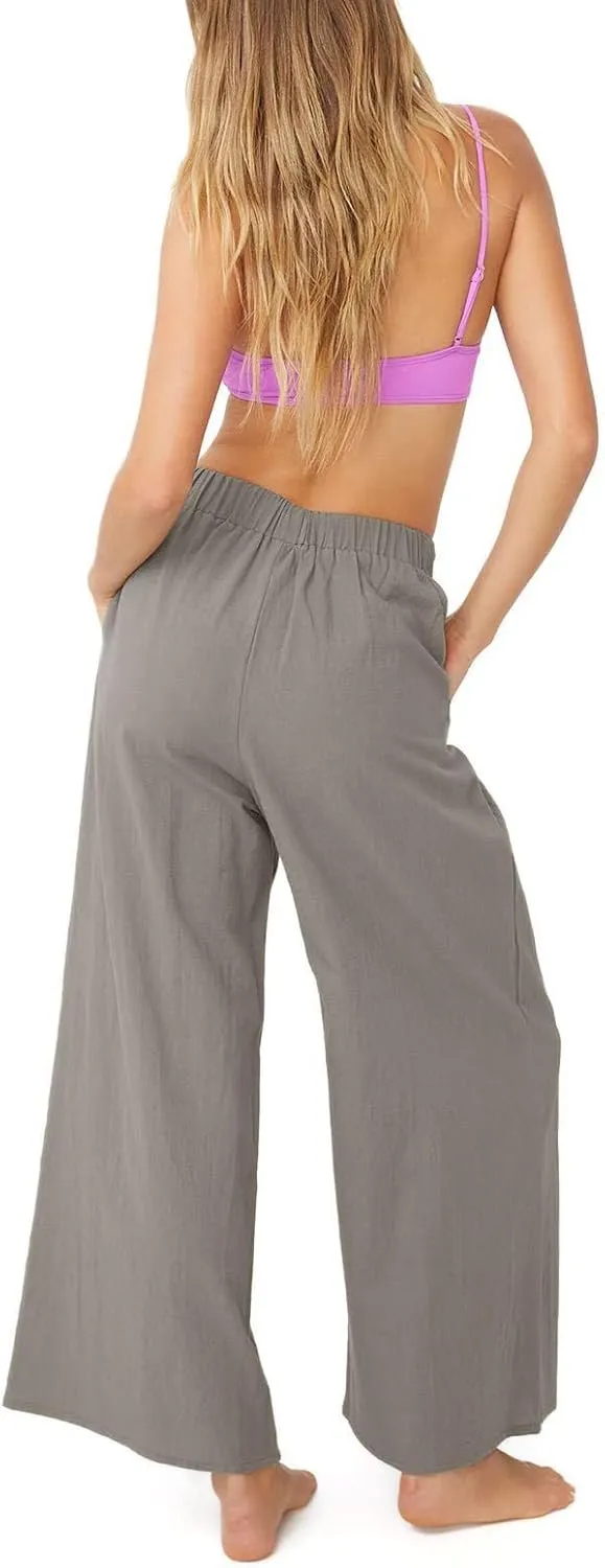 Women's High Waist Casual Wide-Leg Linen Trousers Vacation Palazzo Beach Pant Summer Business Pants with Pockets