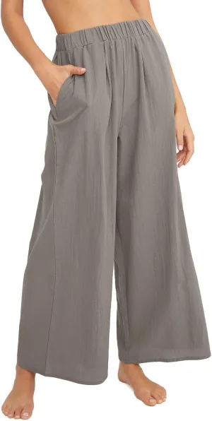 Women's High Waist Casual Wide-Leg Linen Trousers Vacation Palazzo Beach Pant Summer Business Pants with Pockets