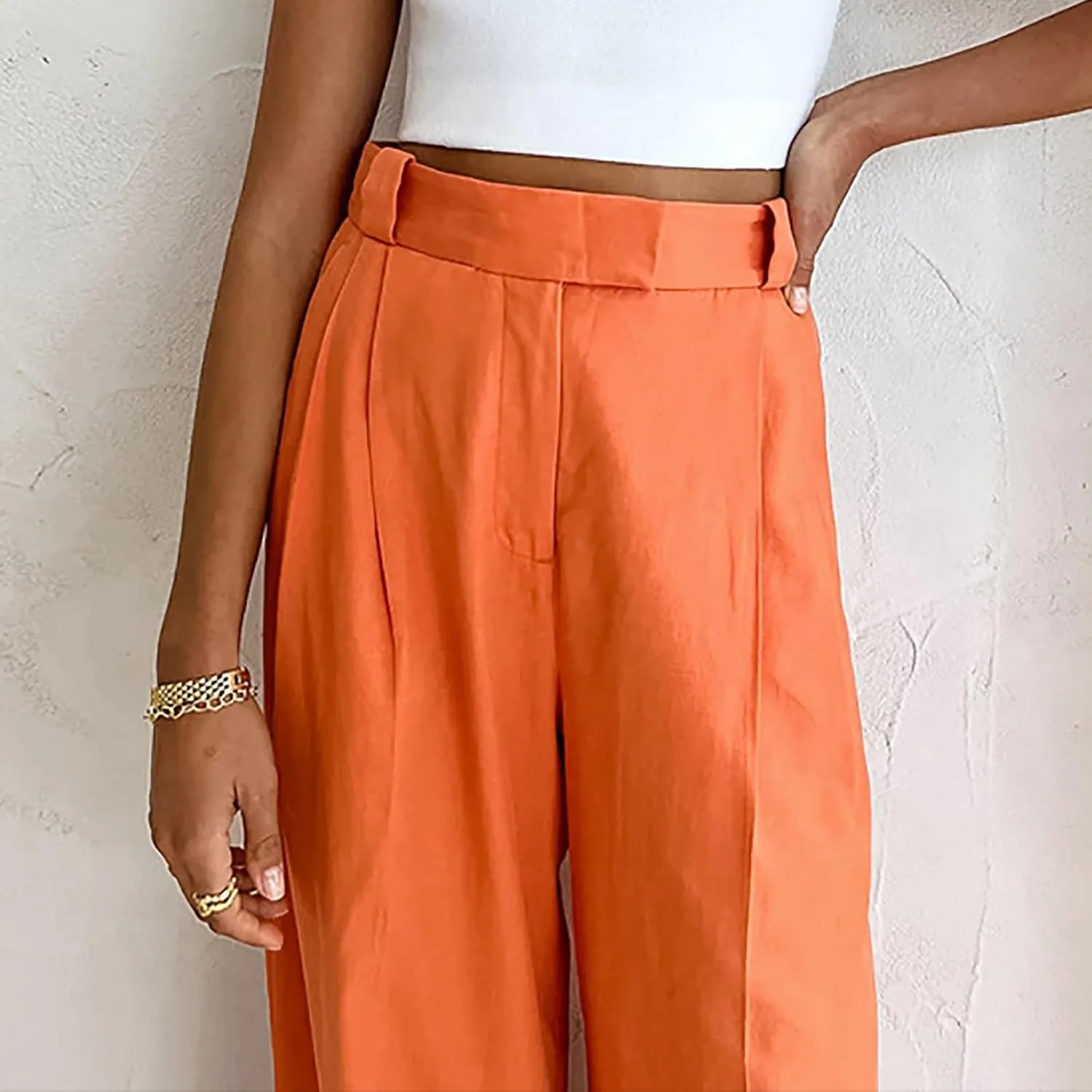 Women's High Waist Satin Pants Elegant Wide Leg Pants Casual Work Office Long Trousers Loose Palazzo with Pockets