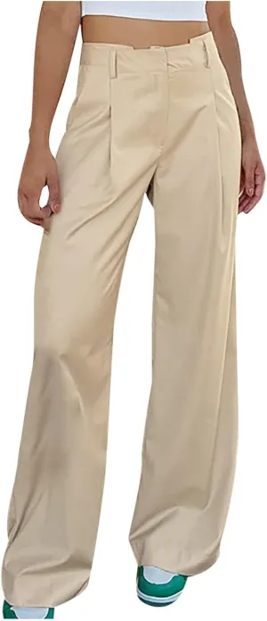Women's High Waist Satin Pants Elegant Wide Leg Pants Casual Work Office Long Trousers Loose Palazzo with Pockets