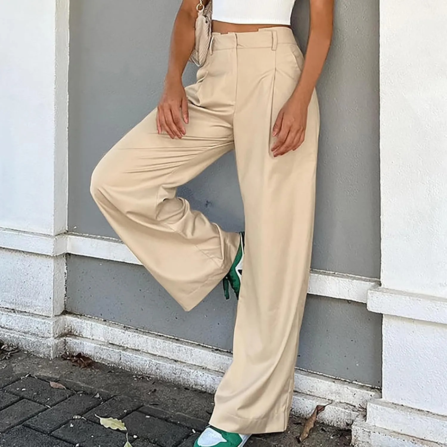 Women's High Waist Satin Pants Elegant Wide Leg Pants Casual Work Office Long Trousers Loose Palazzo with Pockets