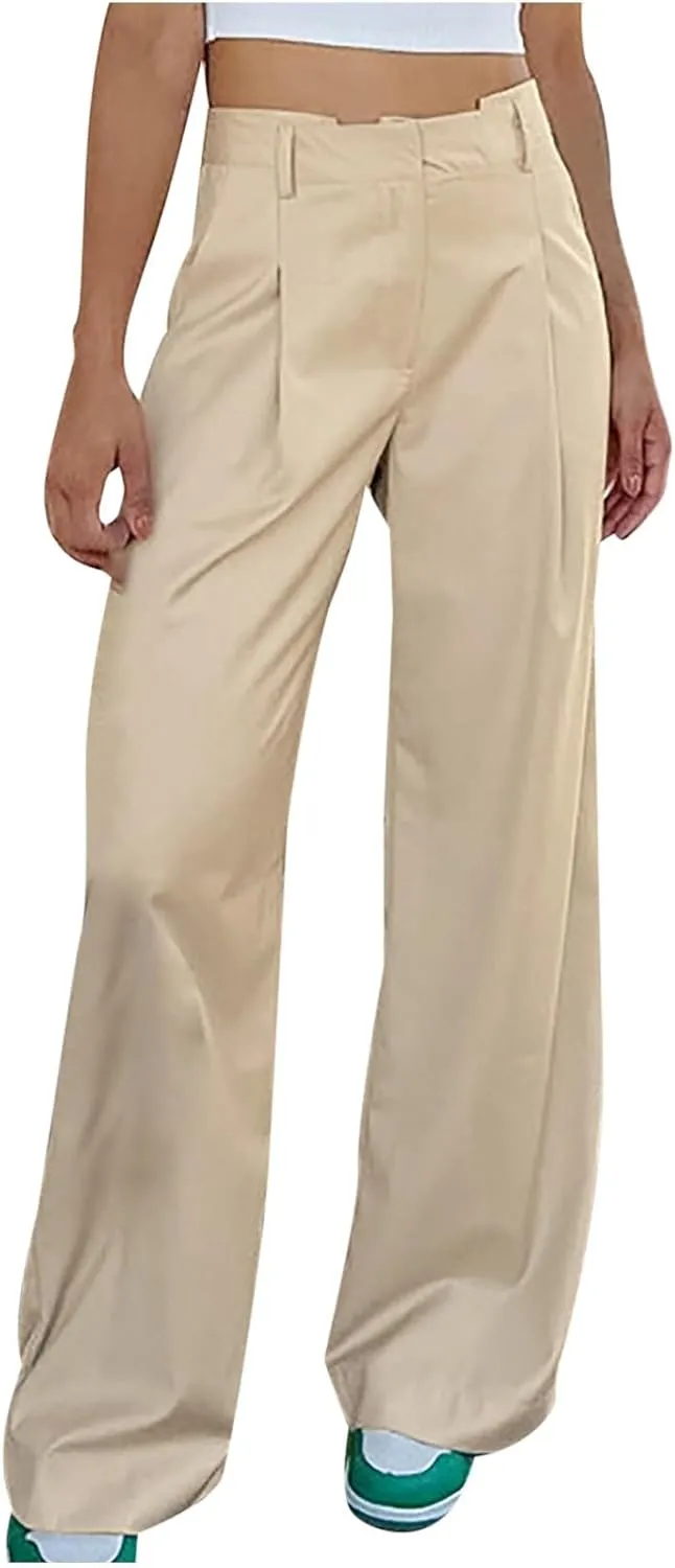 Women's High Waist Satin Pants Elegant Wide Leg Pants Casual Work Office Long Trousers Loose Palazzo with Pockets