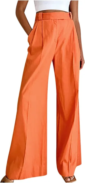 Women's High Waist Satin Pants Elegant Wide Leg Pants Casual Work Office Long Trousers Loose Palazzo with Pockets