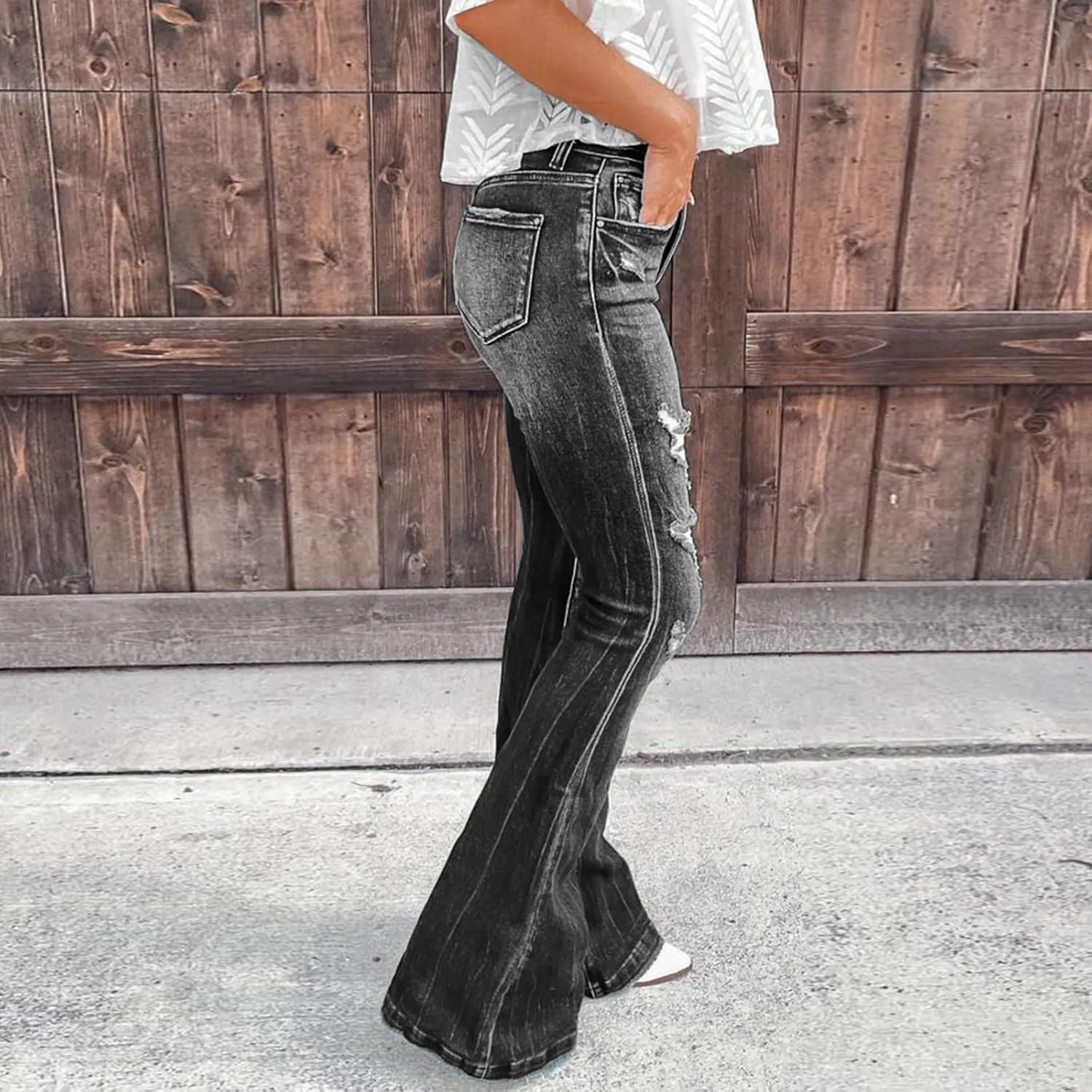 Womens High Waisted Bell Bottom Tapered Jeans Stretchy Slim Fit Wide Leg Flared Ripped Jeans Denim Pants Streetwear