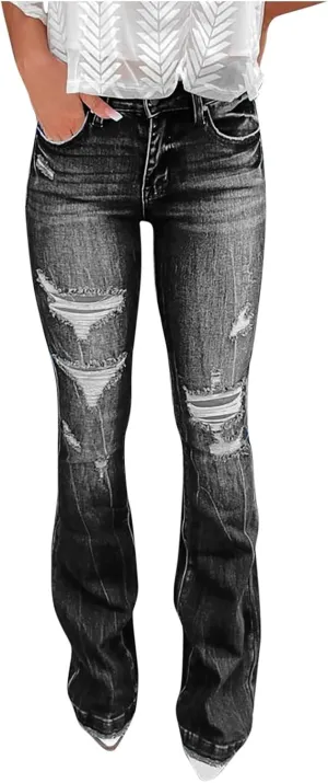 Womens High Waisted Bell Bottom Tapered Jeans Stretchy Slim Fit Wide Leg Flared Ripped Jeans Denim Pants Streetwear
