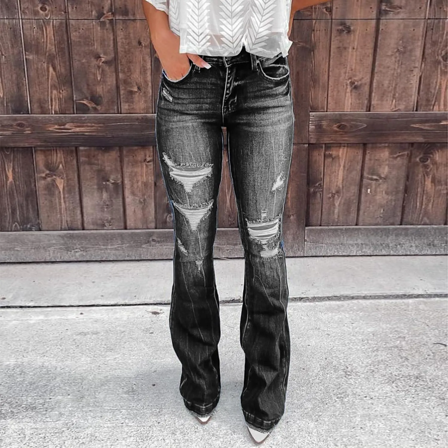 Womens High Waisted Bell Bottom Tapered Jeans Stretchy Slim Fit Wide Leg Flared Ripped Jeans Denim Pants Streetwear
