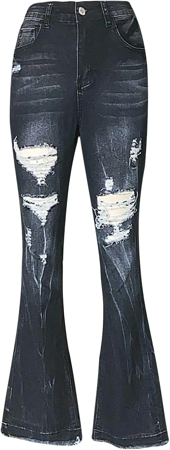 Womens High Waisted Bell Bottom Tapered Jeans Stretchy Slim Fit Wide Leg Flared Ripped Jeans Denim Pants Streetwear