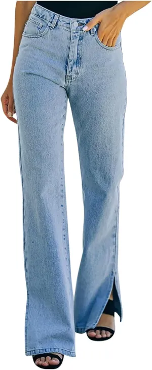 Women's High Waisted Flare Jeans Stretchy Side Split Hem Denim Pants Streetwear Vintage Button Trousers with Pockets