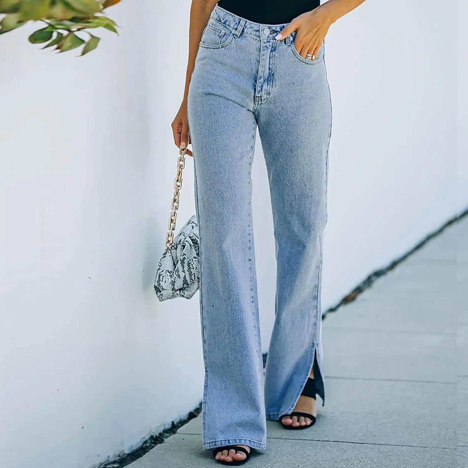 Women's High Waisted Flare Jeans Stretchy Side Split Hem Denim Pants Streetwear Vintage Button Trousers with Pockets