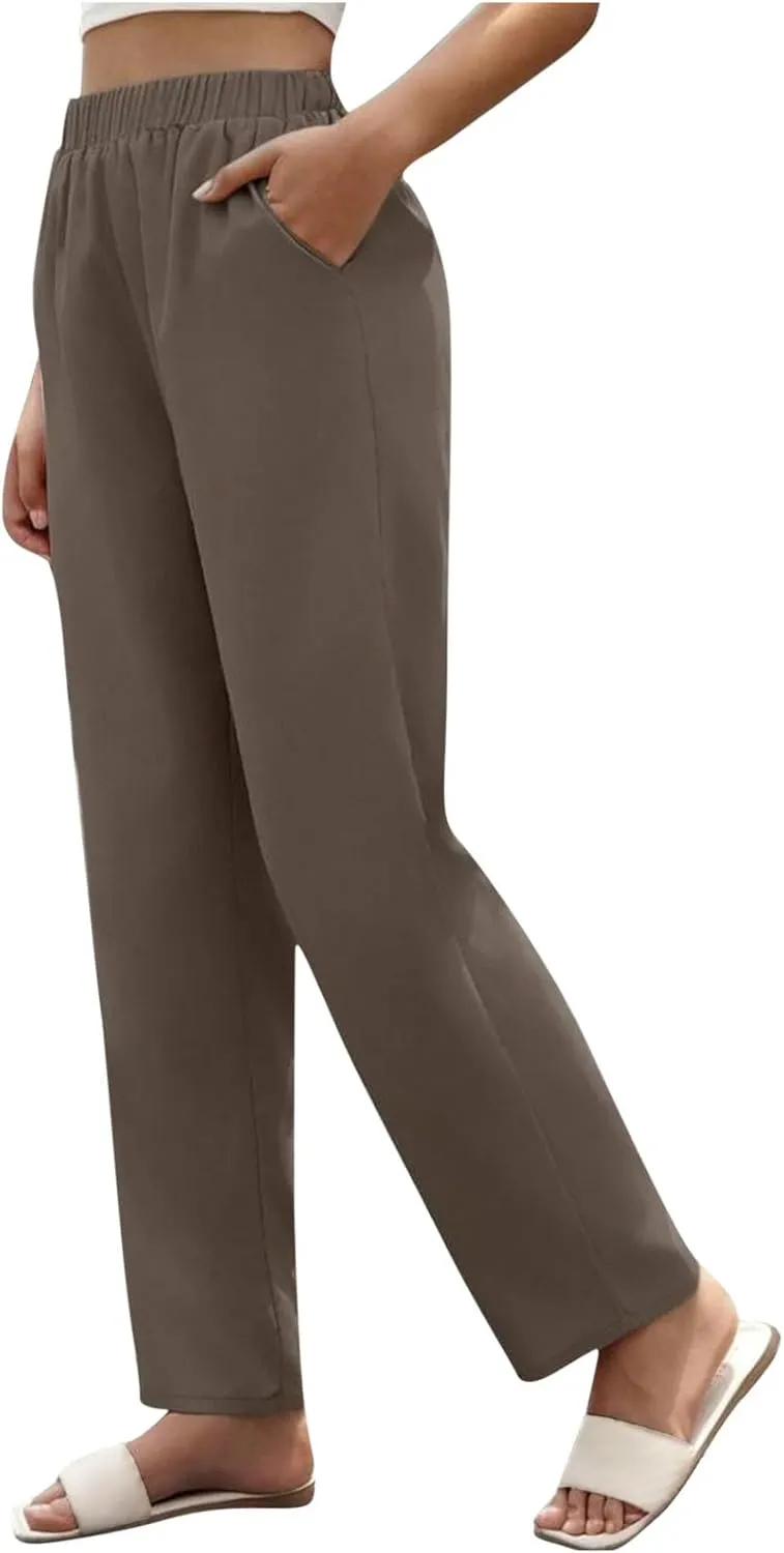 Women's High Waisted Straight Leg Pants Stretchy Business Casual Pants Elastic Waist Work Trousers with Pockets