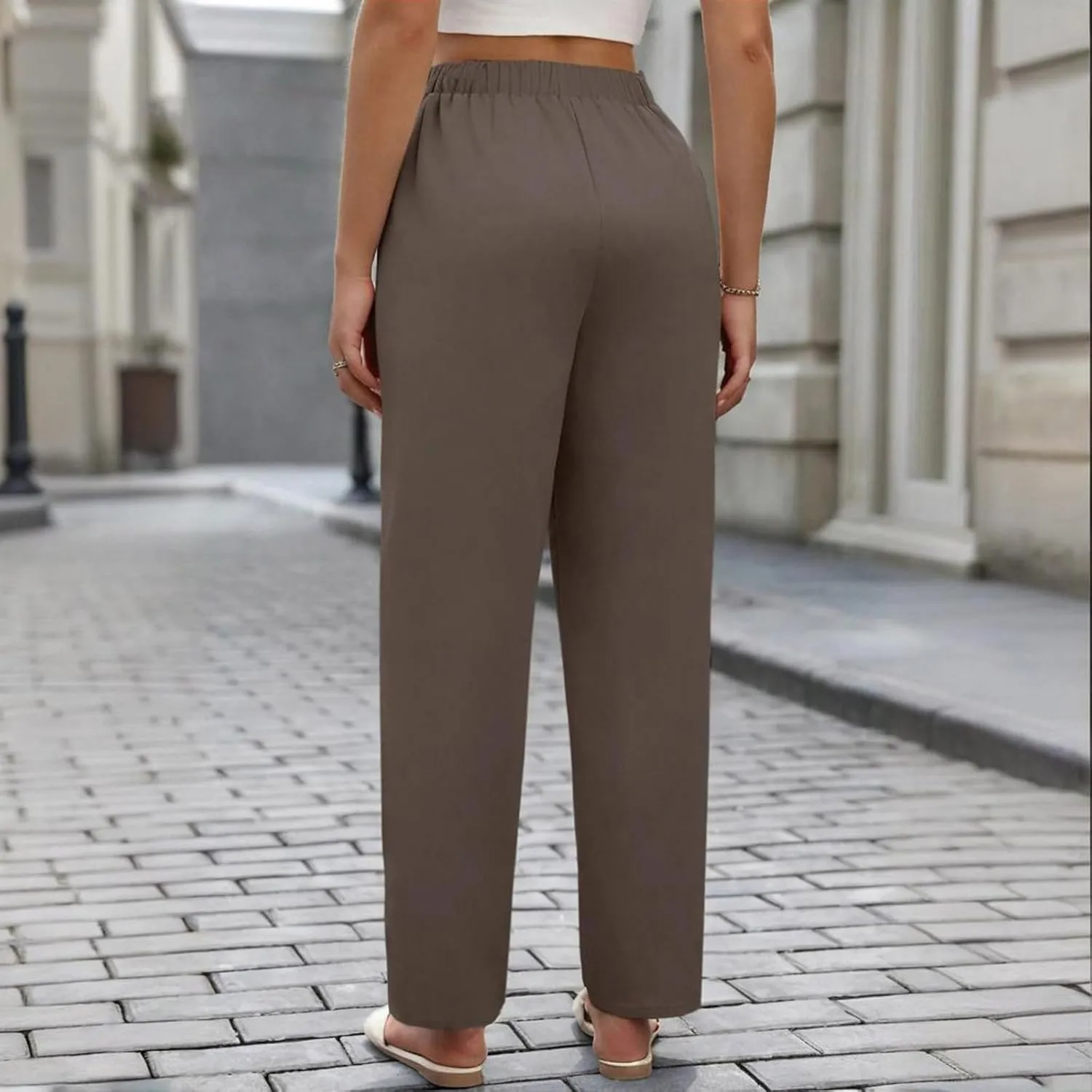 Women's High Waisted Straight Leg Pants Stretchy Business Casual Pants Elastic Waist Work Trousers with Pockets