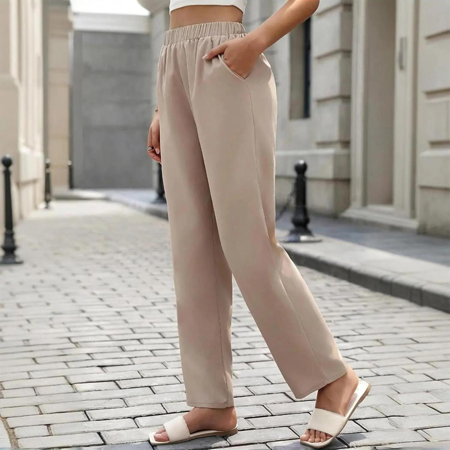 Women's High Waisted Straight Leg Pants Stretchy Business Casual Pants Elastic Waist Work Trousers with Pockets