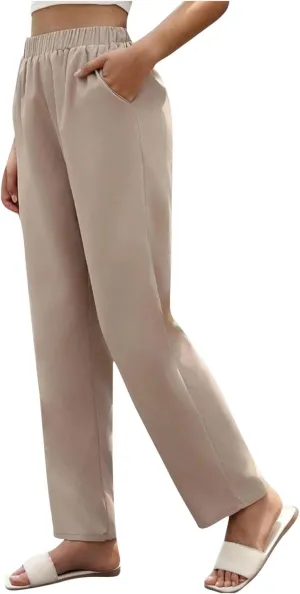 Women's High Waisted Straight Leg Pants Stretchy Business Casual Pants Elastic Waist Work Trousers with Pockets