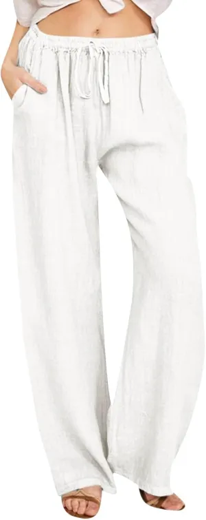 Womens Linen Blend Summer Comfy Pants Elastic Waist Lounge Pants Slim-Fit Palazzo Lounge Pants Vacation
