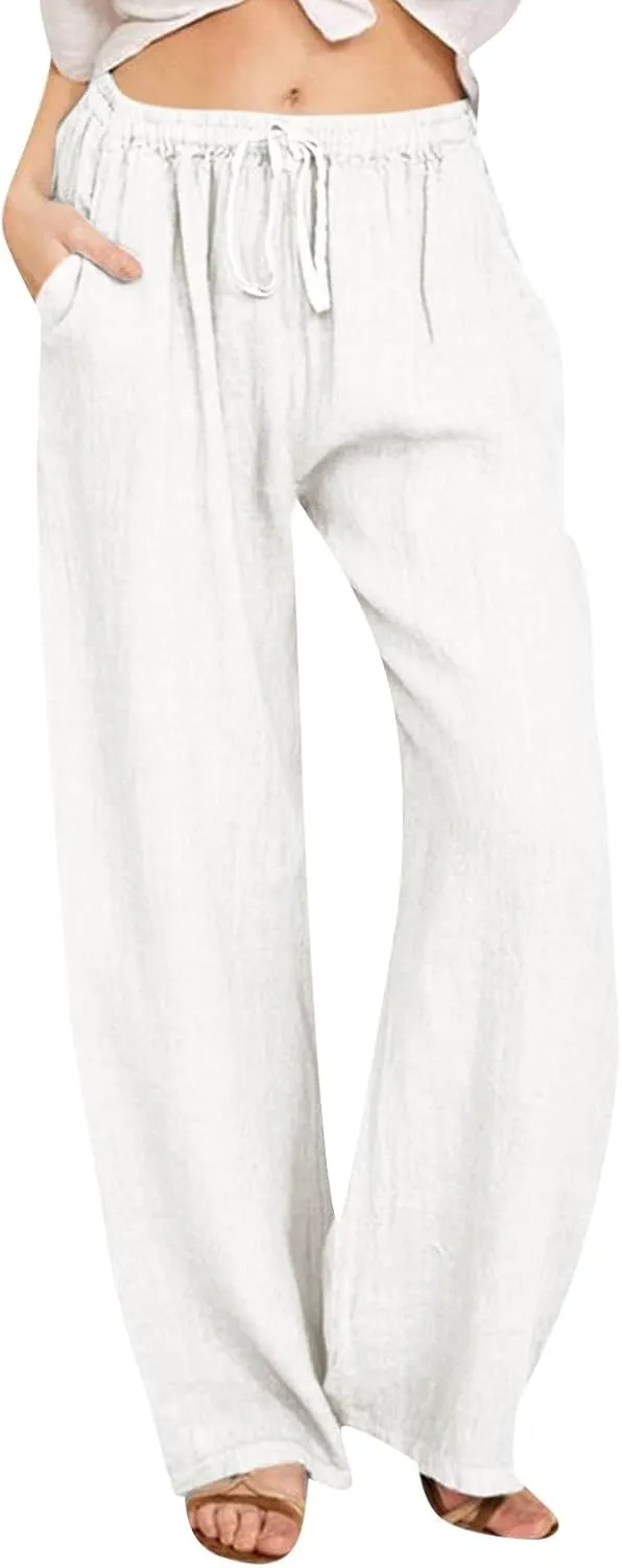 Womens Linen Blend Summer Comfy Pants Elastic Waist Lounge Pants Slim-Fit Palazzo Lounge Pants Vacation