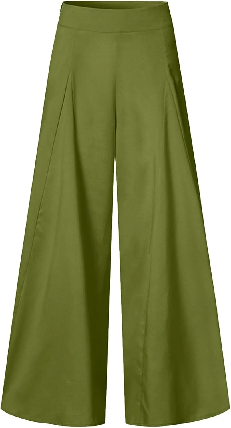 Womens Linen Blend Summer Comfy Pants Elastic Waist Lounge Pants Slim-Fit Palazzo Lounge Pants Vacation