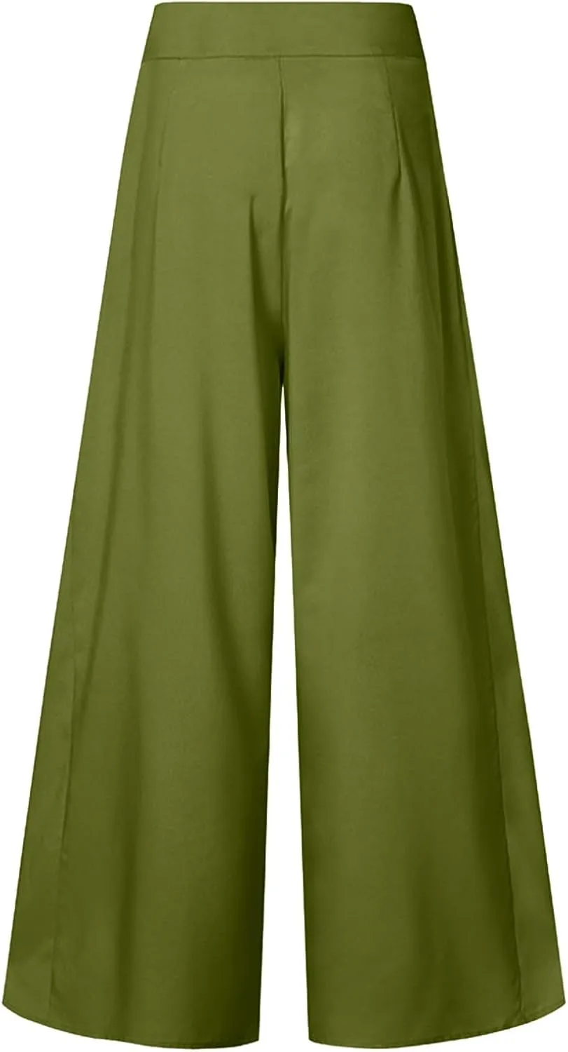 Womens Linen Blend Summer Comfy Pants Elastic Waist Lounge Pants Slim-Fit Palazzo Lounge Pants Vacation