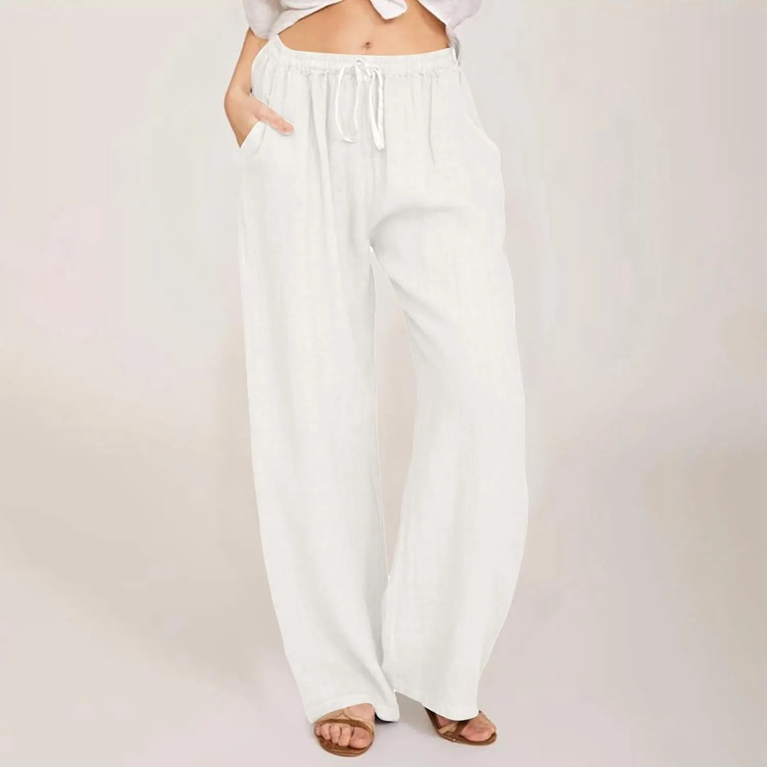 Womens Linen Blend Summer Comfy Pants Elastic Waist Lounge Pants Slim-Fit Palazzo Lounge Pants Vacation