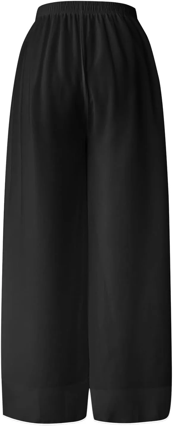 Women's Linen Blend Summer Floral Pants Low Waist Wide Leg Plus Size Pant Trousers Travel