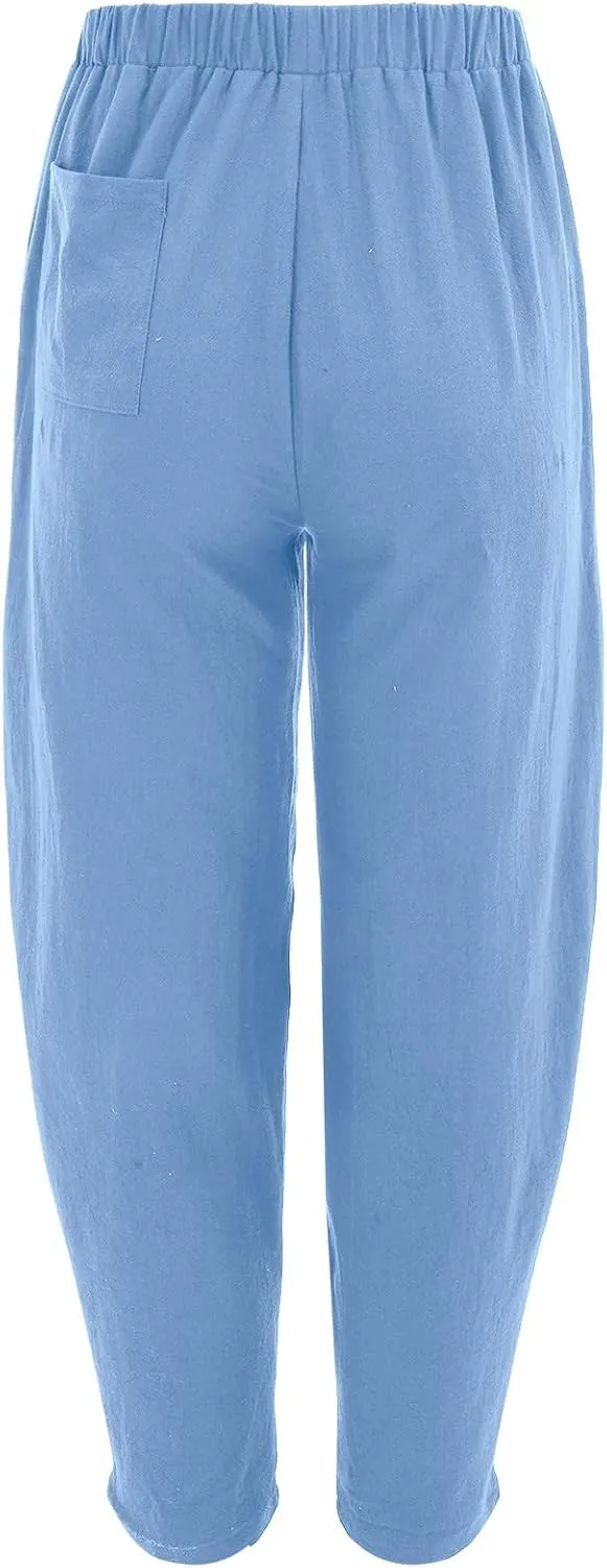 Women's Linen Blend Summer Flowy Palazzo Pants Elastic Waist Bootcut Plus Size Pant Trousers Travel