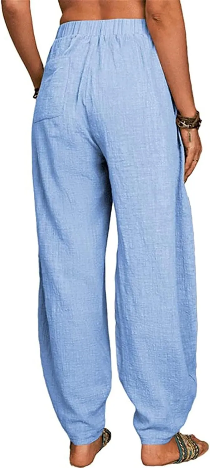 Women's Linen Blend Summer Flowy Palazzo Pants Elastic Waist Bootcut Plus Size Pant Trousers Travel