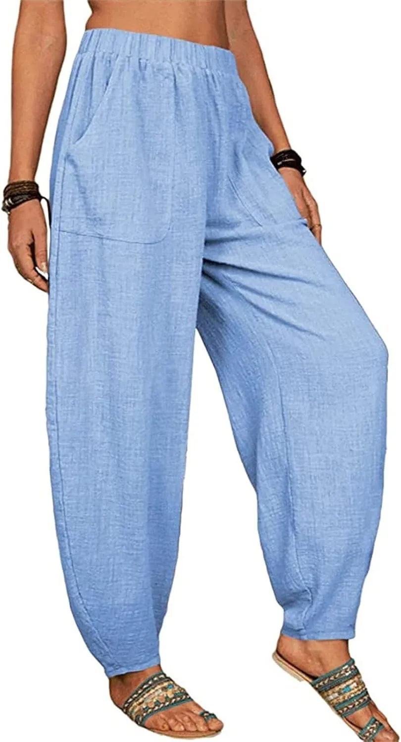 Women's Linen Blend Summer Flowy Palazzo Pants Elastic Waist Bootcut Plus Size Pant Trousers Travel