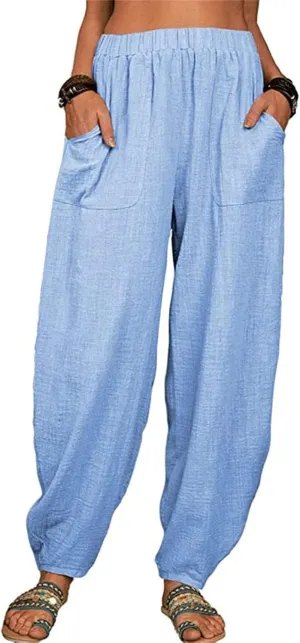 Women's Linen Blend Summer Flowy Palazzo Pants Elastic Waist Bootcut Plus Size Pant Trousers Travel