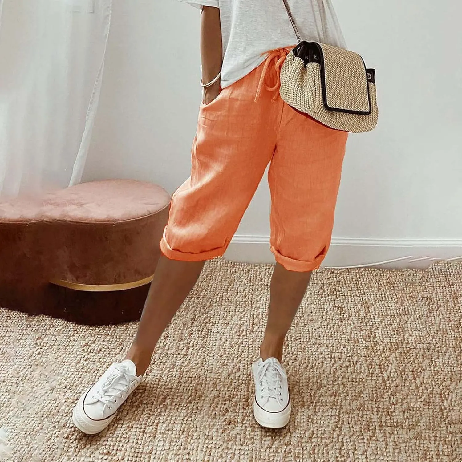 Women's Linen Capri Pants with Drawstring Drawstring Casual Solid Color Shorts Loose Comfy Trendy Elastic Waist Cropped