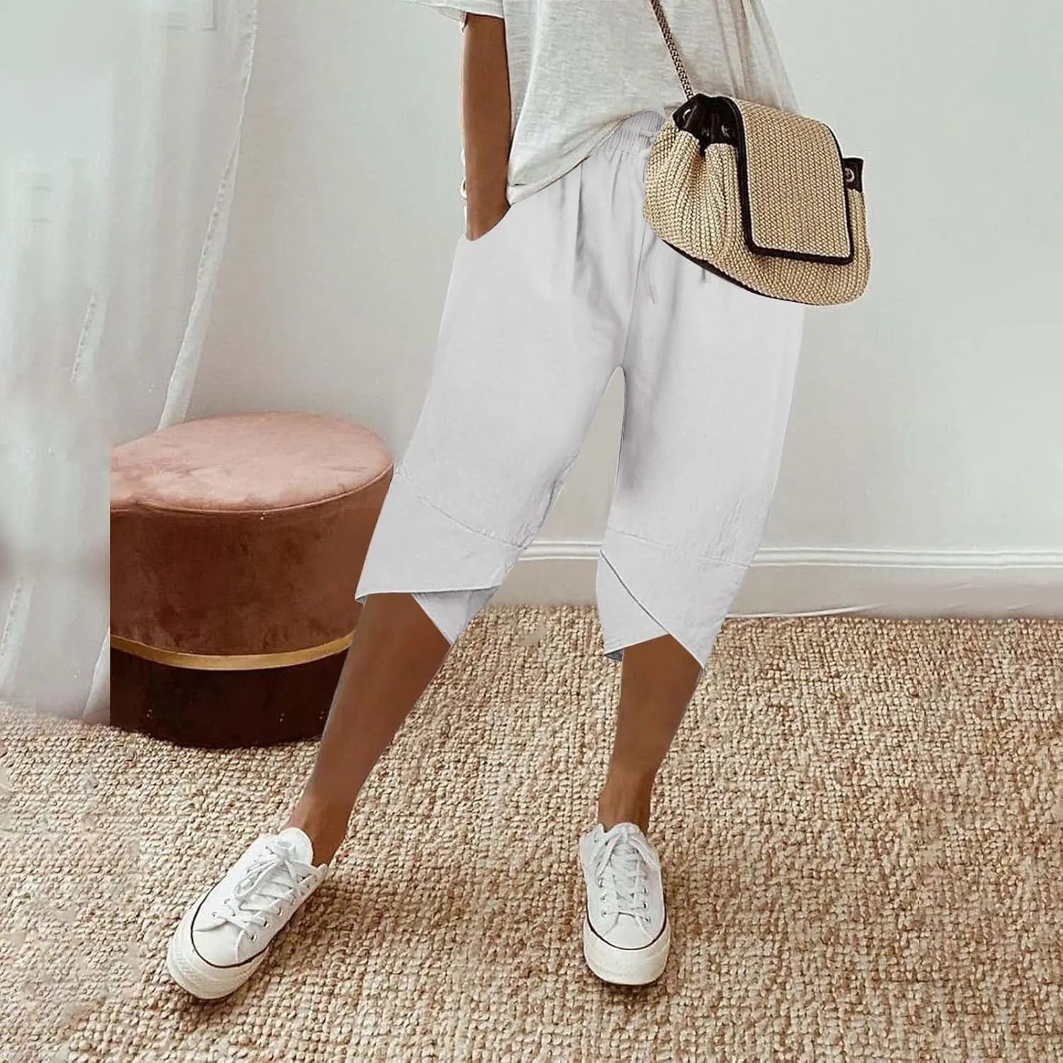 Women's Linen Capri Pants with Drawstring Drawstring Casual Solid Color Shorts Loose Comfy Trendy Elastic Waist Cropped