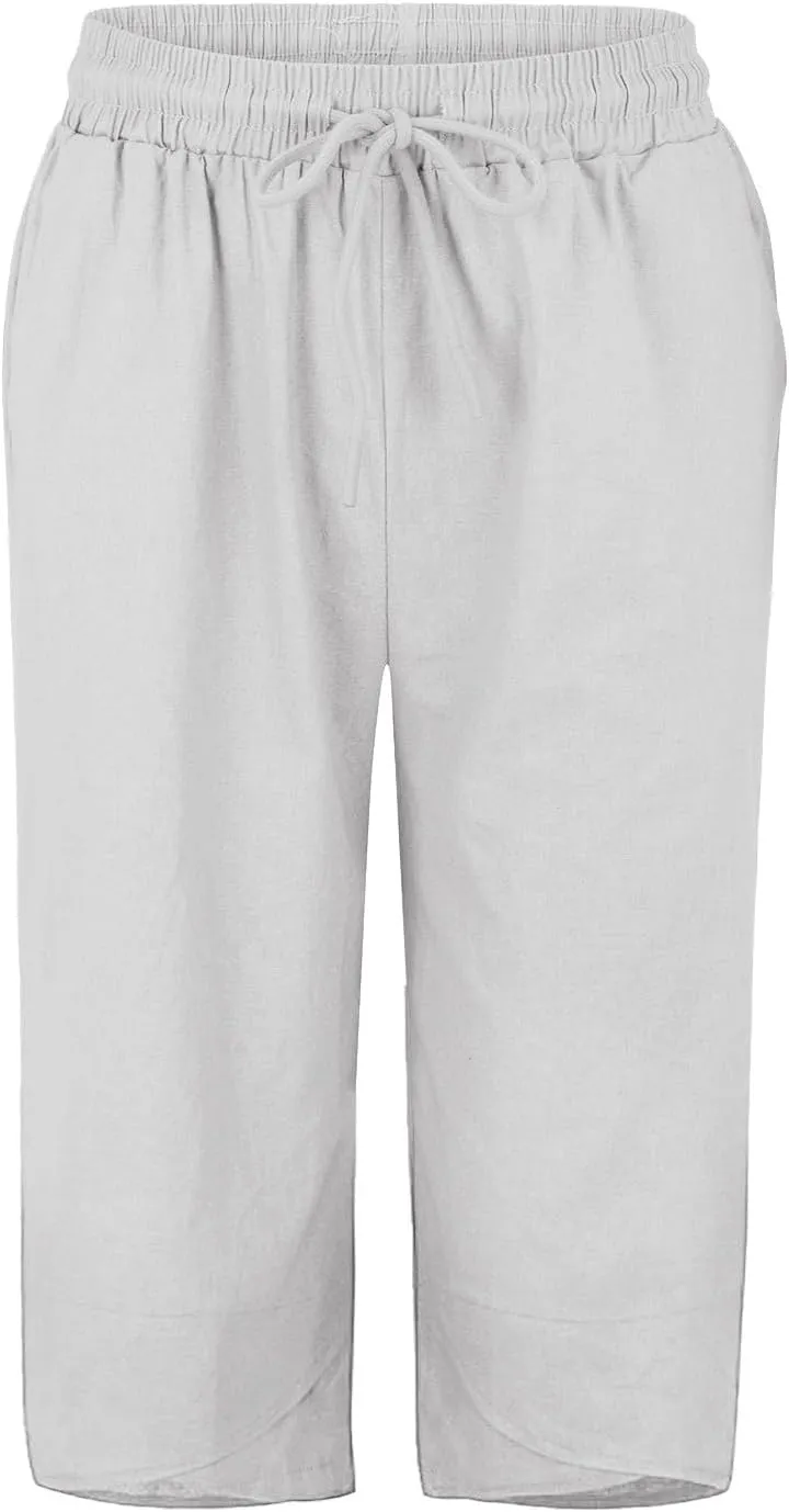 Women's Linen Capri Pants with Drawstring Drawstring Casual Solid Color Shorts Loose Comfy Trendy Elastic Waist Cropped
