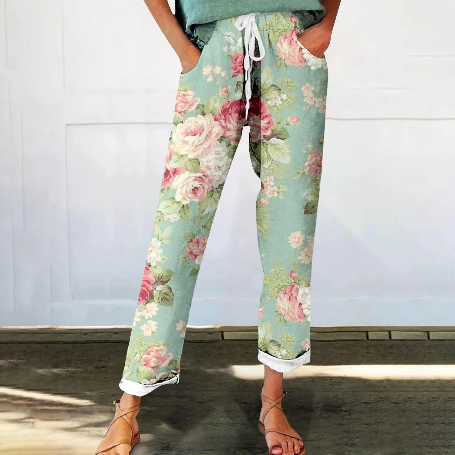 Women's Linen Capri Pants with Drawstring Drawstring Casual Solid Color Shorts Loose Comfy Trendy Elastic Waist Cropped