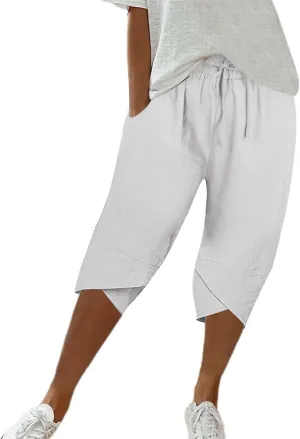 Women's Linen Capri Pants with Drawstring Drawstring Casual Solid Color Shorts Loose Comfy Trendy Elastic Waist Cropped