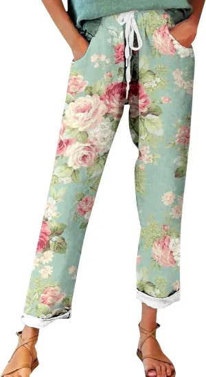 Women's Linen Capri Pants with Drawstring Drawstring Casual Solid Color Shorts Loose Comfy Trendy Elastic Waist Cropped