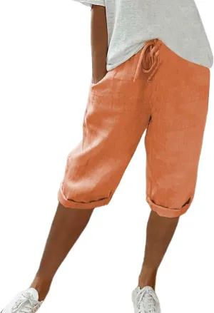 Women's Linen Capri Pants with Drawstring Drawstring Casual Solid Color Shorts Loose Comfy Trendy Elastic Waist Cropped