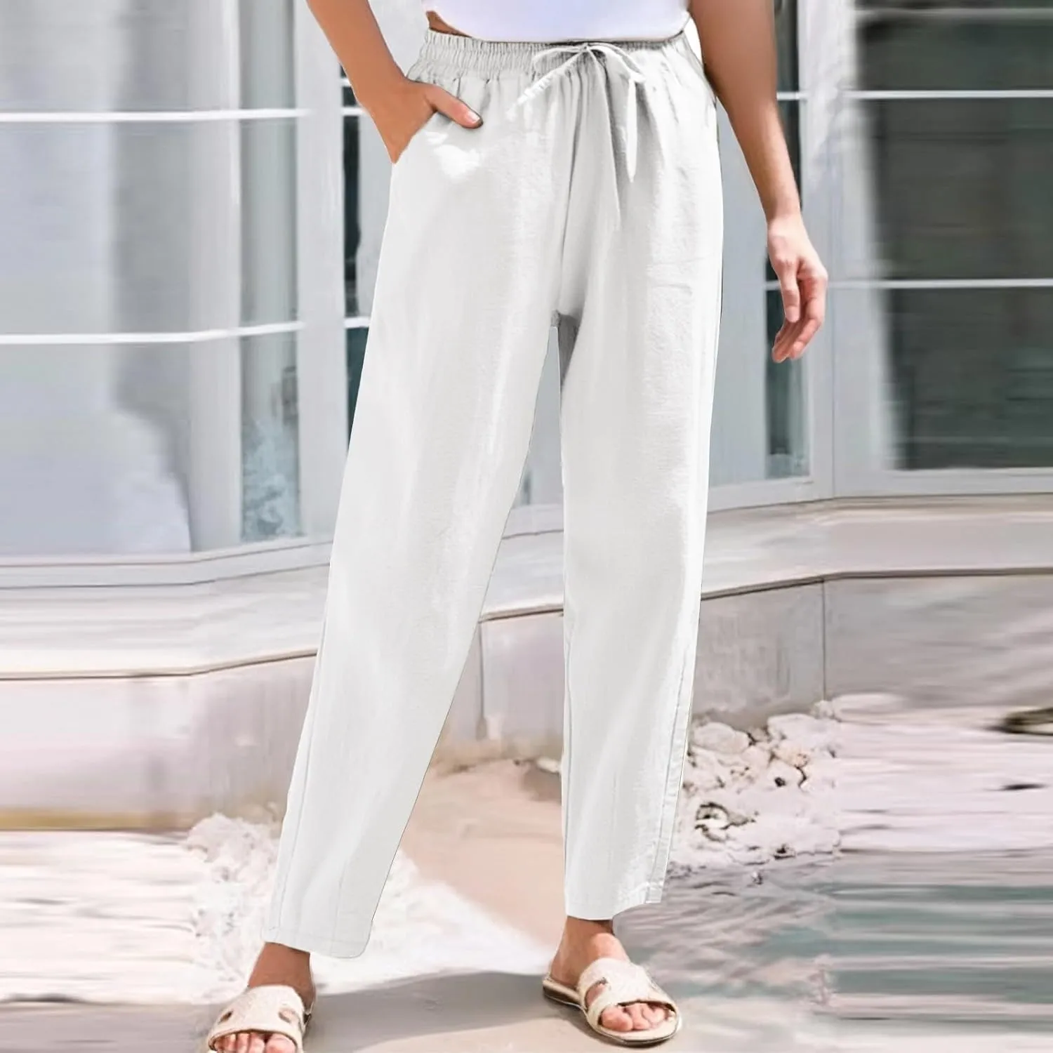 Women's Linen Capris Drawstring High Waisted Wide Leg Casual Beach Pants Summer Lounge Cropped Trousers with Pockets