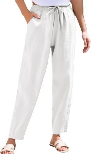 Women's Linen Capris Drawstring High Waisted Wide Leg Casual Beach Pants Summer Lounge Cropped Trousers with Pockets