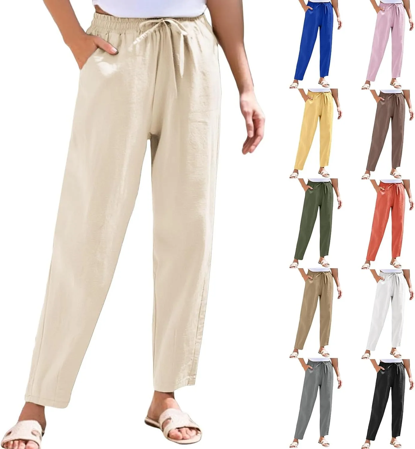 Women's Linen Capris Drawstring High Waisted Wide Leg Casual Beach Pants Summer Lounge Cropped Trousers with Pockets