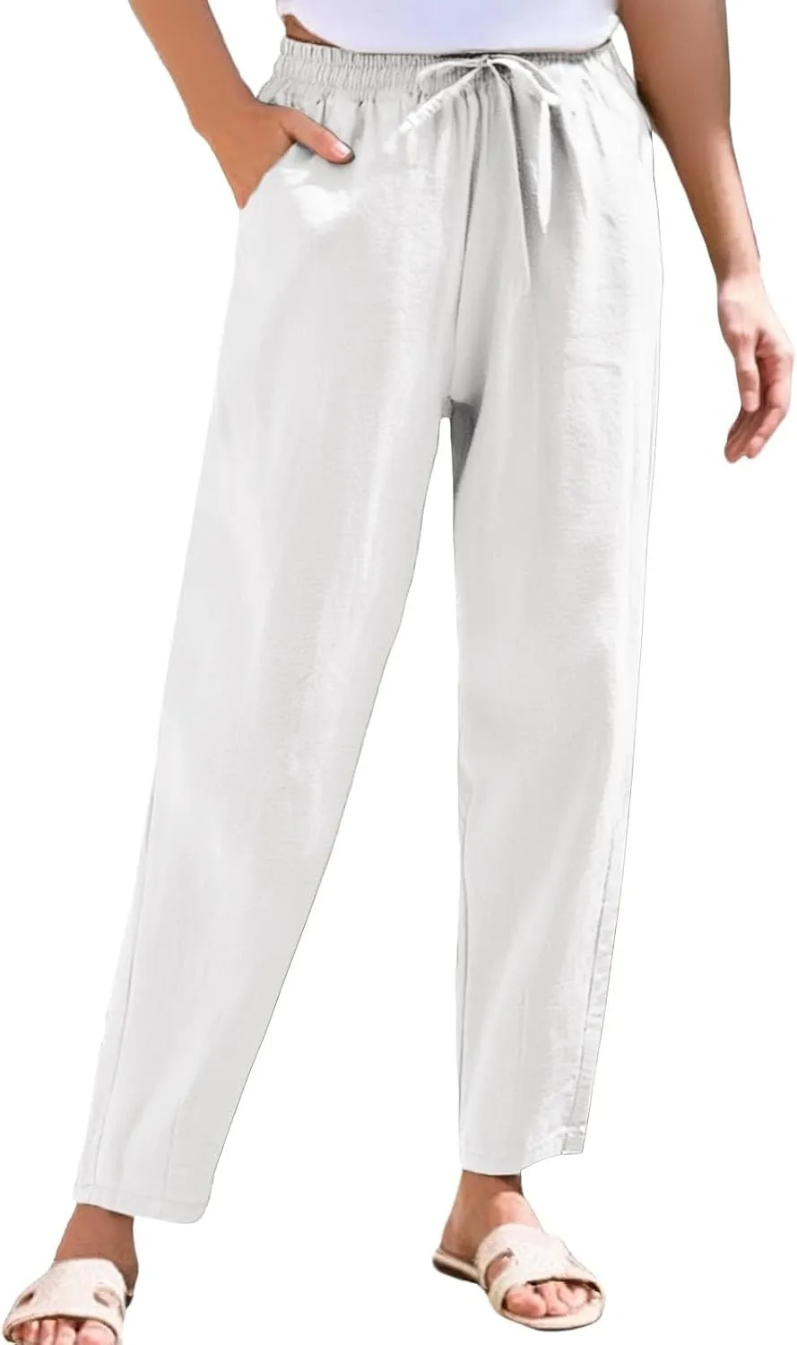 Women's Linen Capris Drawstring High Waisted Wide Leg Casual Beach Pants Summer Lounge Cropped Trousers with Pockets