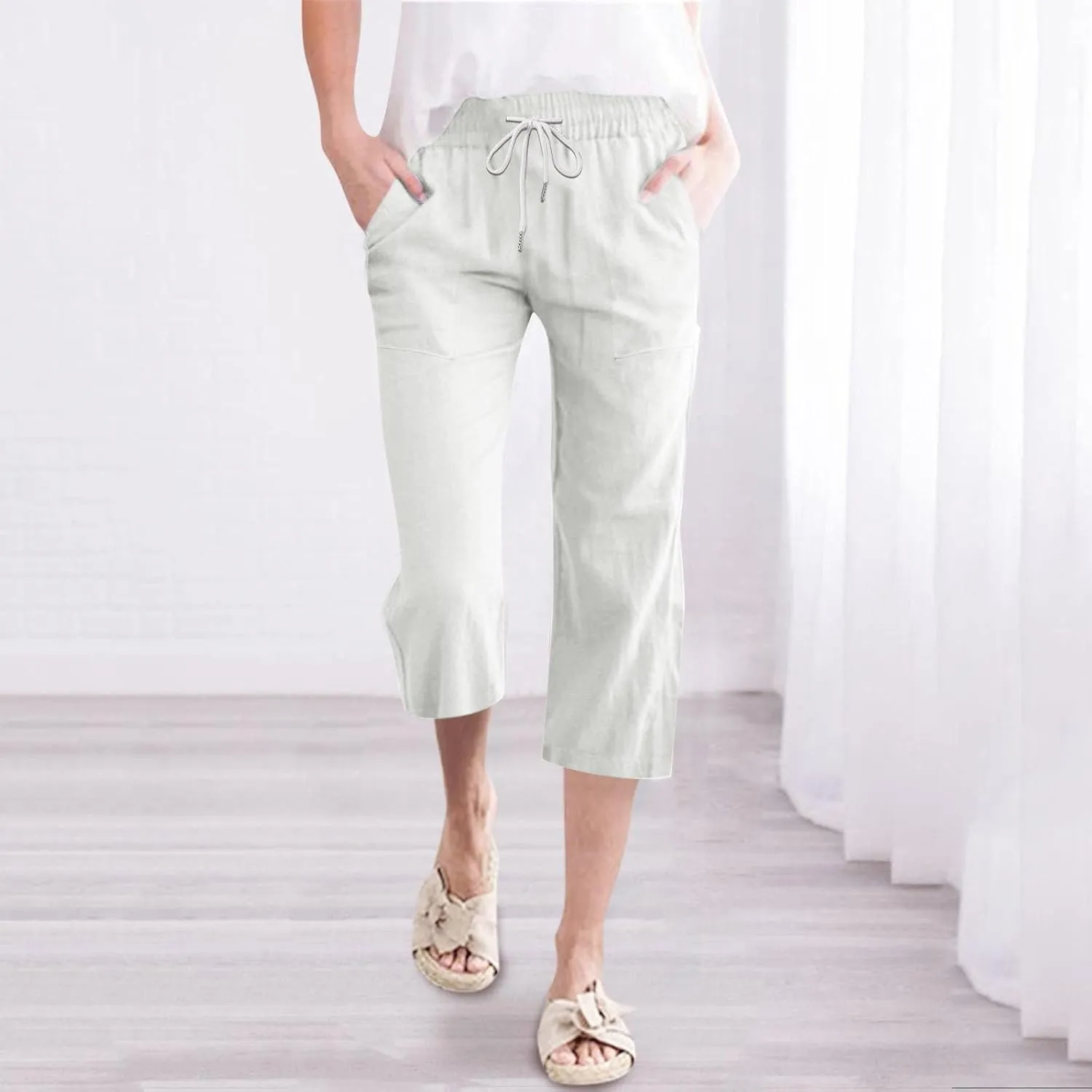 Womens Linen Capris Pants Summer Casual Drawstring Pants High Waisted Comfy Lightweight Loose Trousers with Pockets