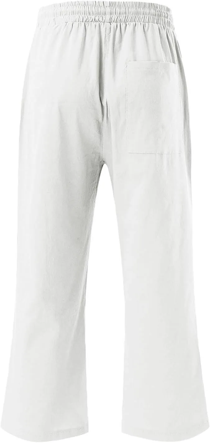 Womens Linen Capris Pants Summer Casual Drawstring Pants High Waisted Comfy Lightweight Loose Trousers with Pockets