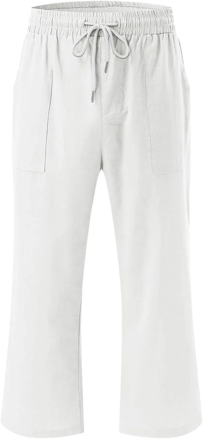 Womens Linen Capris Pants Summer Casual Drawstring Pants High Waisted Comfy Lightweight Loose Trousers with Pockets